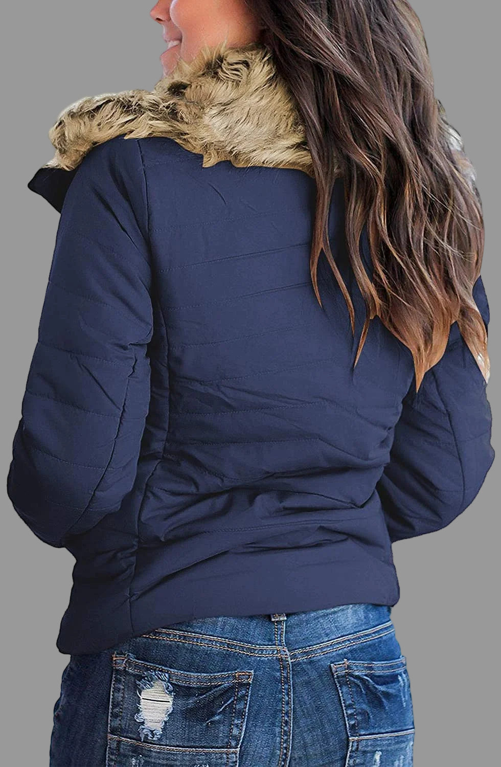 Women Parka Coat Pockets Quilted Puffer Jacket with Faux Fur Lapel, Size S-2XL