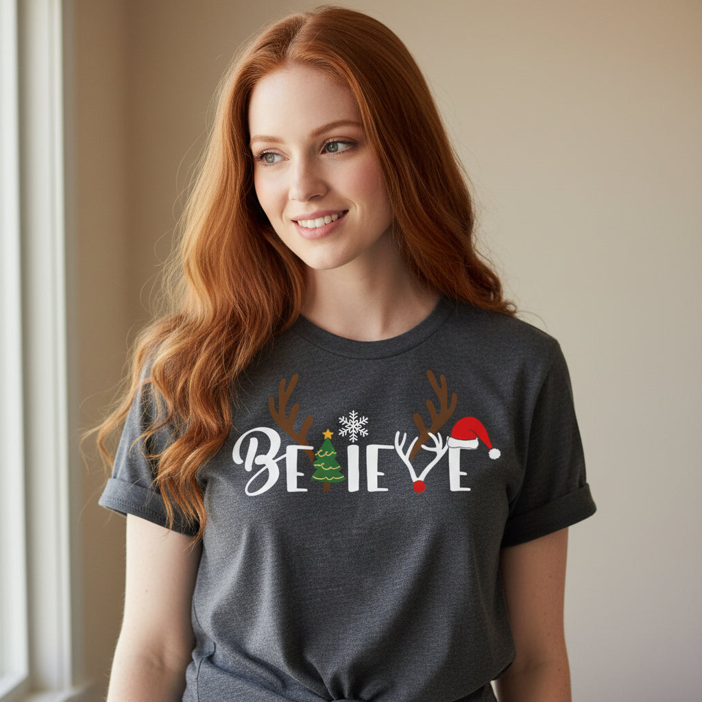 Festive Believe Letter Print Christmas Shirt for Women - Retro Holiday Short Sleeve Pullover Top, Perfect Xmas Gift!