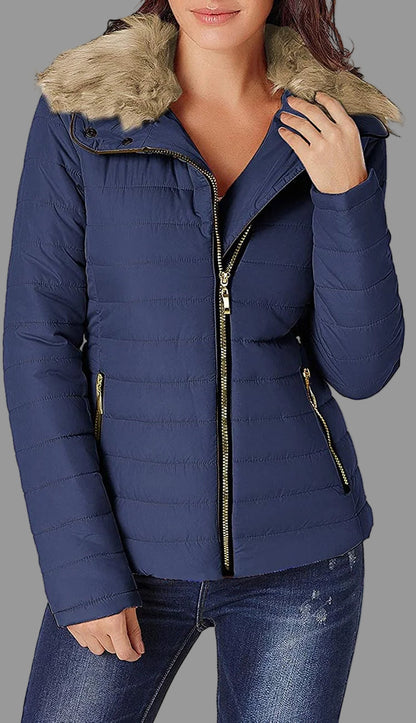 Women Parka Coat Pockets Quilted Puffer Jacket with Faux Fur Lapel, Size S-2XL