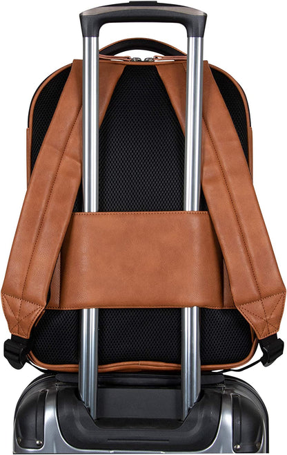 Reaction on Track Pack Vegan Leather 15.6” Laptop & Tablet Bookbag Travel Backpack with Anti-Theft RFID for High School, Work, & Travel, Cognac