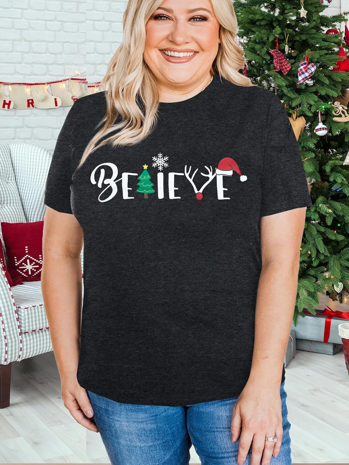 Festive Believe Letter Print Christmas Shirt for Women - Retro Holiday Short Sleeve Pullover Top, Perfect Xmas Gift!