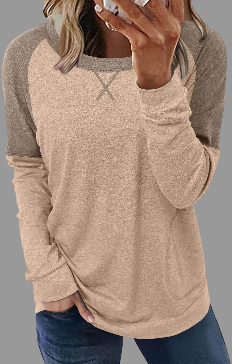 Funny Cute Crewneck Shirt for Women Long Sleeve Pullover Sweatshirt with Pocket Beigebrown-M