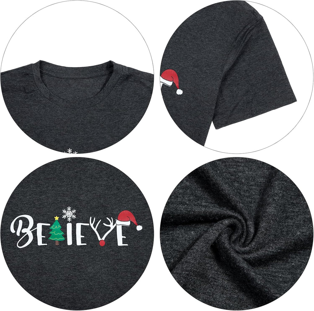 Festive Believe Letter Print Christmas Shirt for Women - Retro Holiday Short Sleeve Pullover Top, Perfect Xmas Gift!