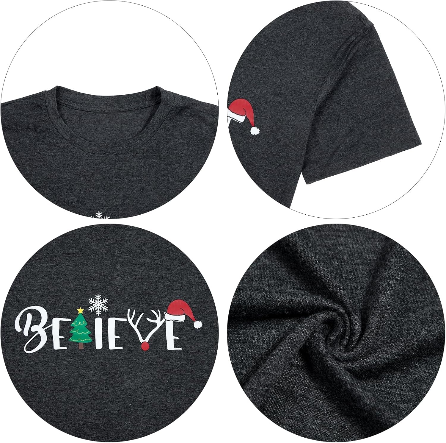 Festive Believe Letter Print Christmas Shirt for Women - Retro Holiday Short Sleeve Pullover Top, Perfect Xmas Gift!