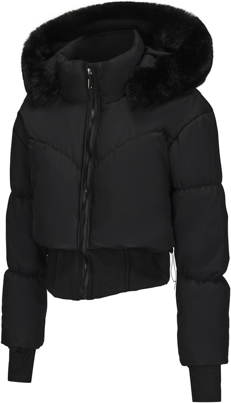 Elevate Your Winter Wardrobe with the Chic Women's Cropped Puffer Jacket Featuring a Luxurious Faux Fur Hood