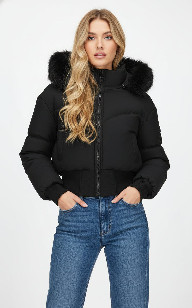 Elevate Your Winter Wardrobe with the Chic Women's Cropped Puffer Jacket Featuring a Luxurious Faux Fur Hood