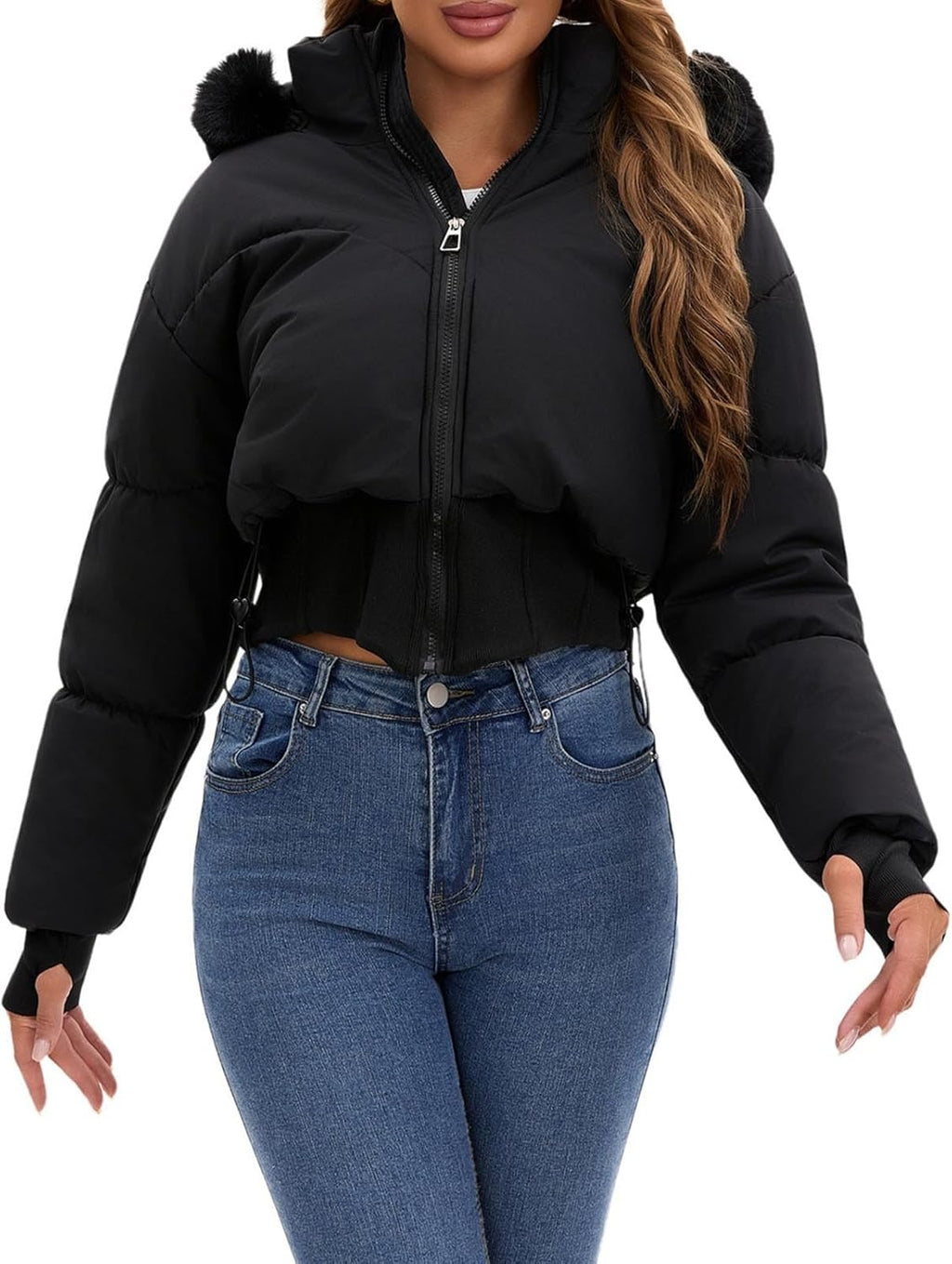 Elevate Your Winter Wardrobe with the Chic Women's Cropped Puffer Jacket Featuring a Luxurious Faux Fur Hood