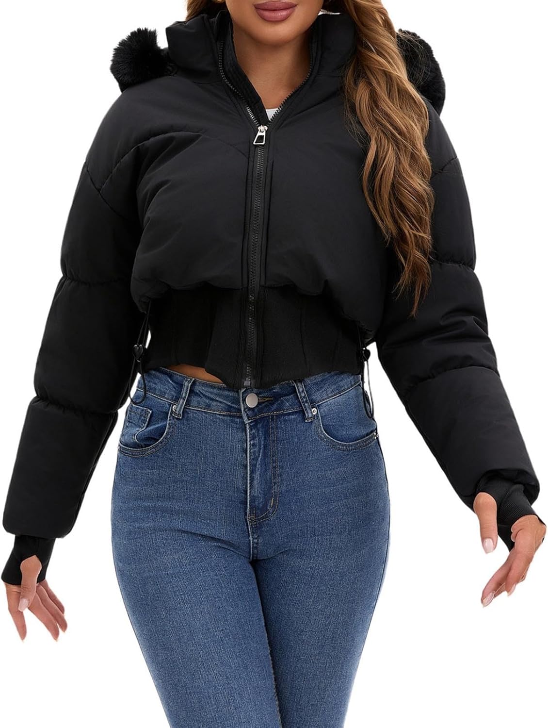 Elevate Your Winter Wardrobe with the Chic Women's Cropped Puffer Jacket Featuring a Luxurious Faux Fur Hood