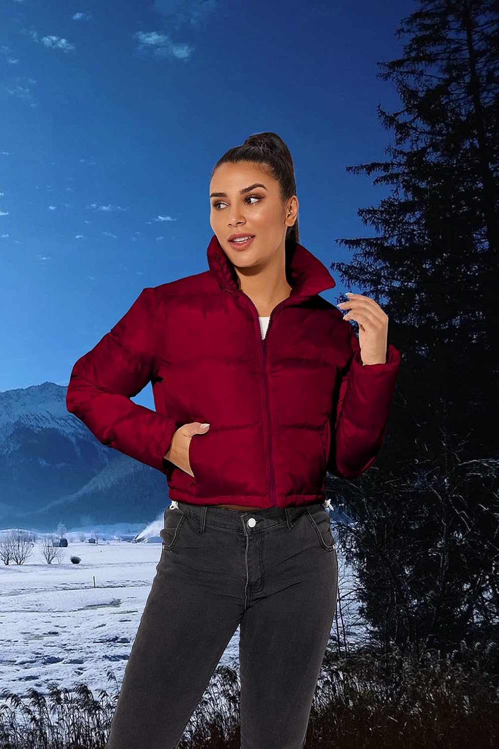 Chic and Cozy Women's Cropped Puffer Jacket - Lightweight Winter Essential in Burgundy