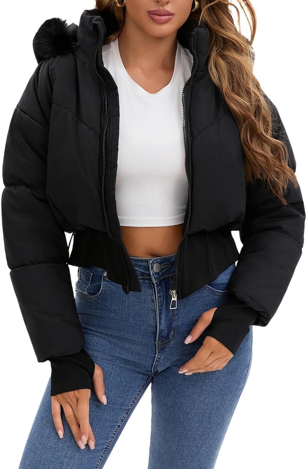 Elevate Your Winter Wardrobe with the Chic Women's Cropped Puffer Jacket Featuring a Luxurious Faux Fur Hood