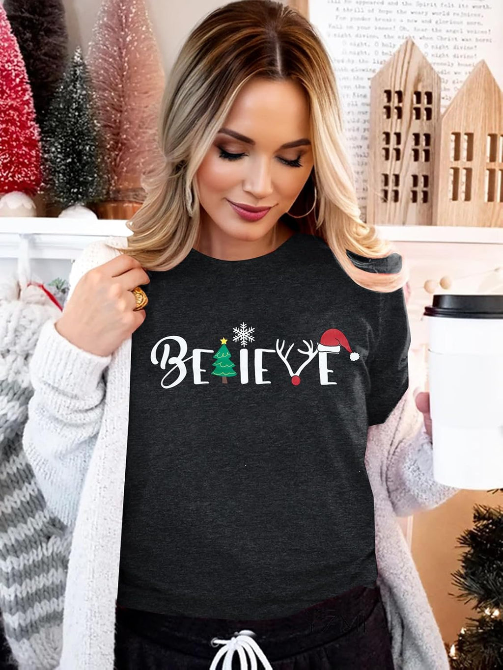 Festive Believe Letter Print Christmas Shirt for Women - Retro Holiday Short Sleeve Pullover Top, Perfect Xmas Gift!