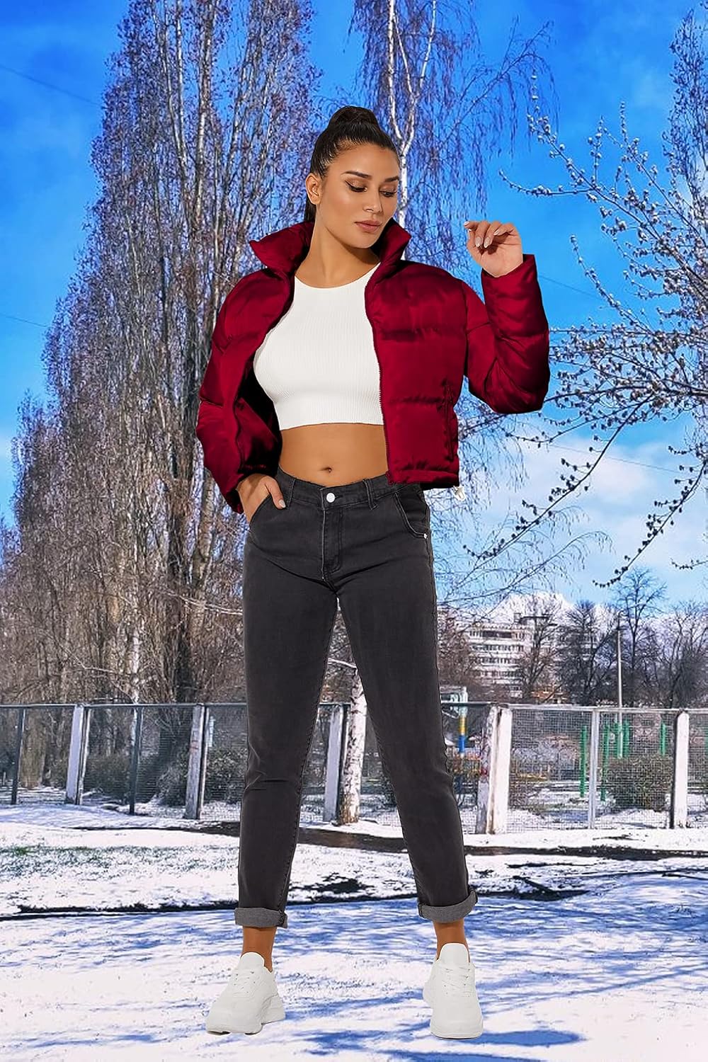 Chic and Cozy Women's Cropped Puffer Jacket - Lightweight Winter Essential in Burgundy
