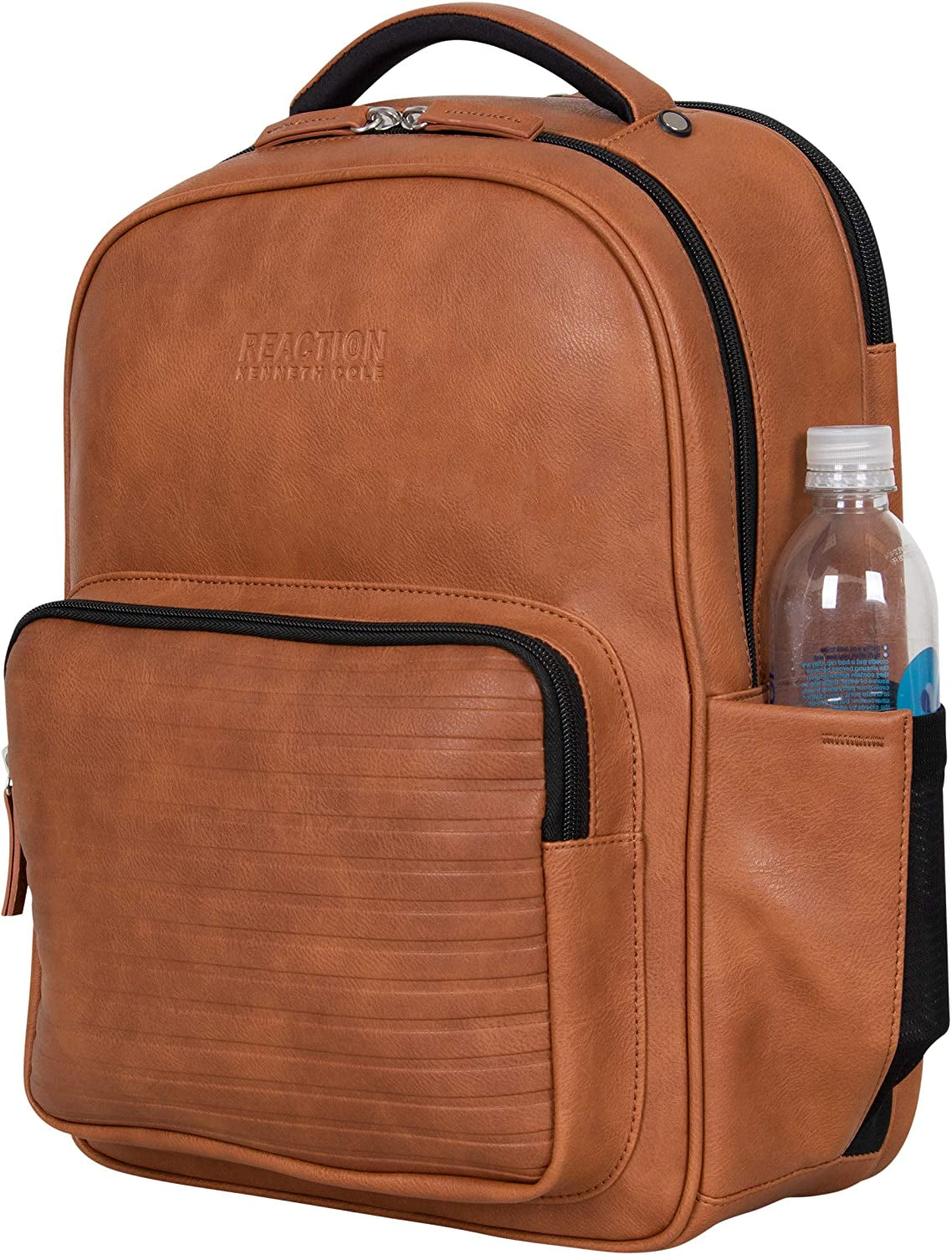 Reaction on Track Pack Vegan Leather 15.6” Laptop & Tablet Bookbag Travel Backpack with Anti-Theft RFID for High School, Work, & Travel, Cognac