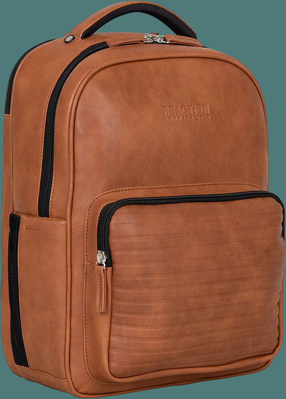 Reaction on Track Pack Vegan Leather 15.6” Laptop & Tablet Bookbag Travel Backpack with Anti-Theft RFID for High School, Work, & Travel, Cognac