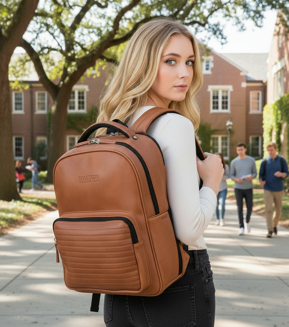 Reaction on Track Pack Vegan Leather 15.6” Laptop & Tablet Bookbag Travel Backpack with Anti-Theft RFID for High School, Work, & Travel, Cognac