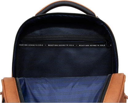 Reaction on Track Pack Vegan Leather 15.6” Laptop & Tablet Bookbag Travel Backpack with Anti-Theft RFID for High School, Work, & Travel, Cognac