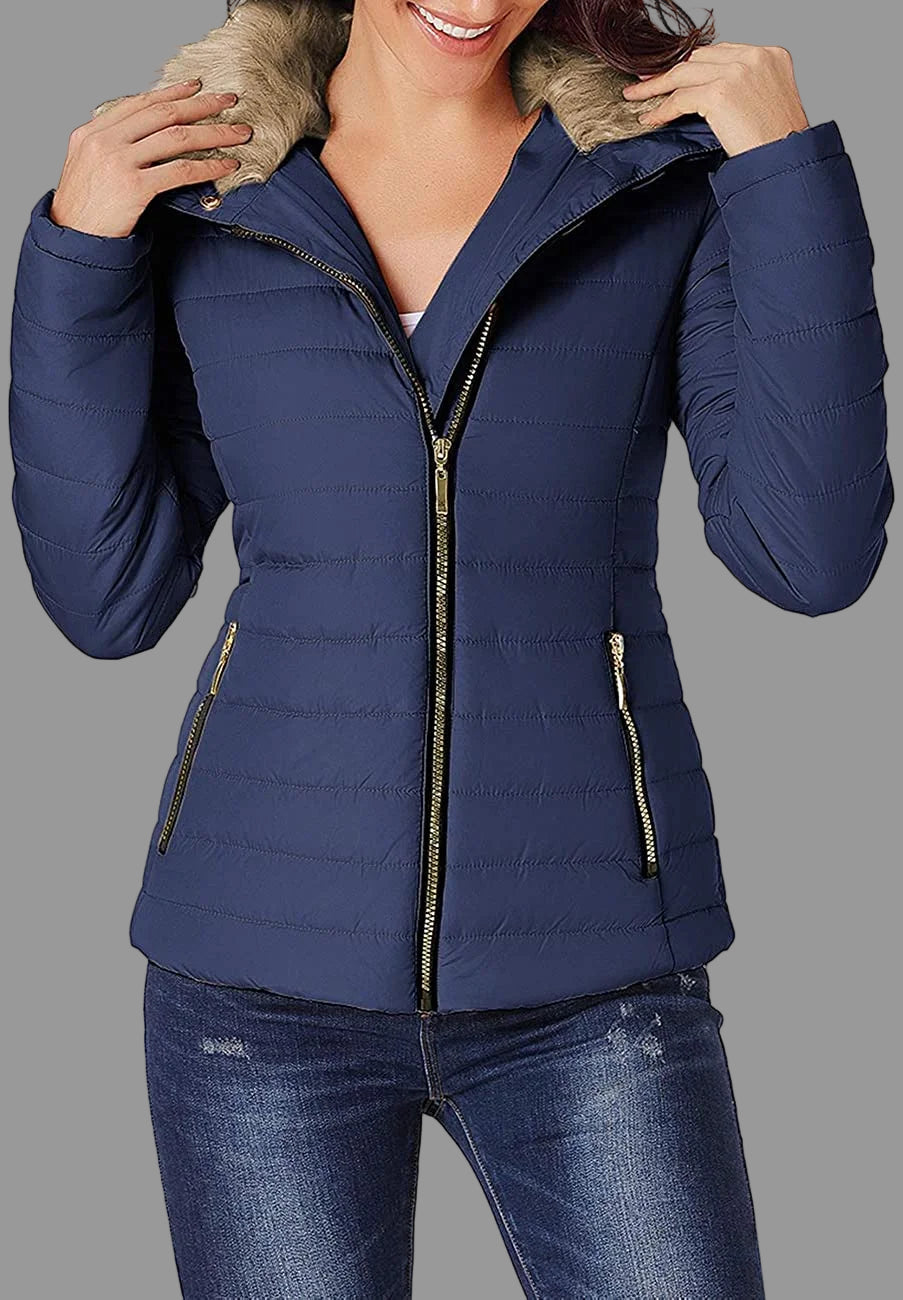 Women Parka Coat Pockets Quilted Puffer Jacket with Faux Fur Lapel, Size S-2XL