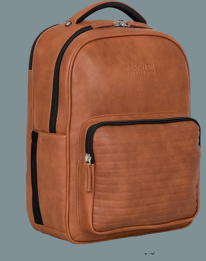 Reaction on Track Pack Vegan Leather 15.6” Laptop & Tablet Bookbag Travel Backpack with Anti-Theft RFID for High School, Work, & Travel, Cognac