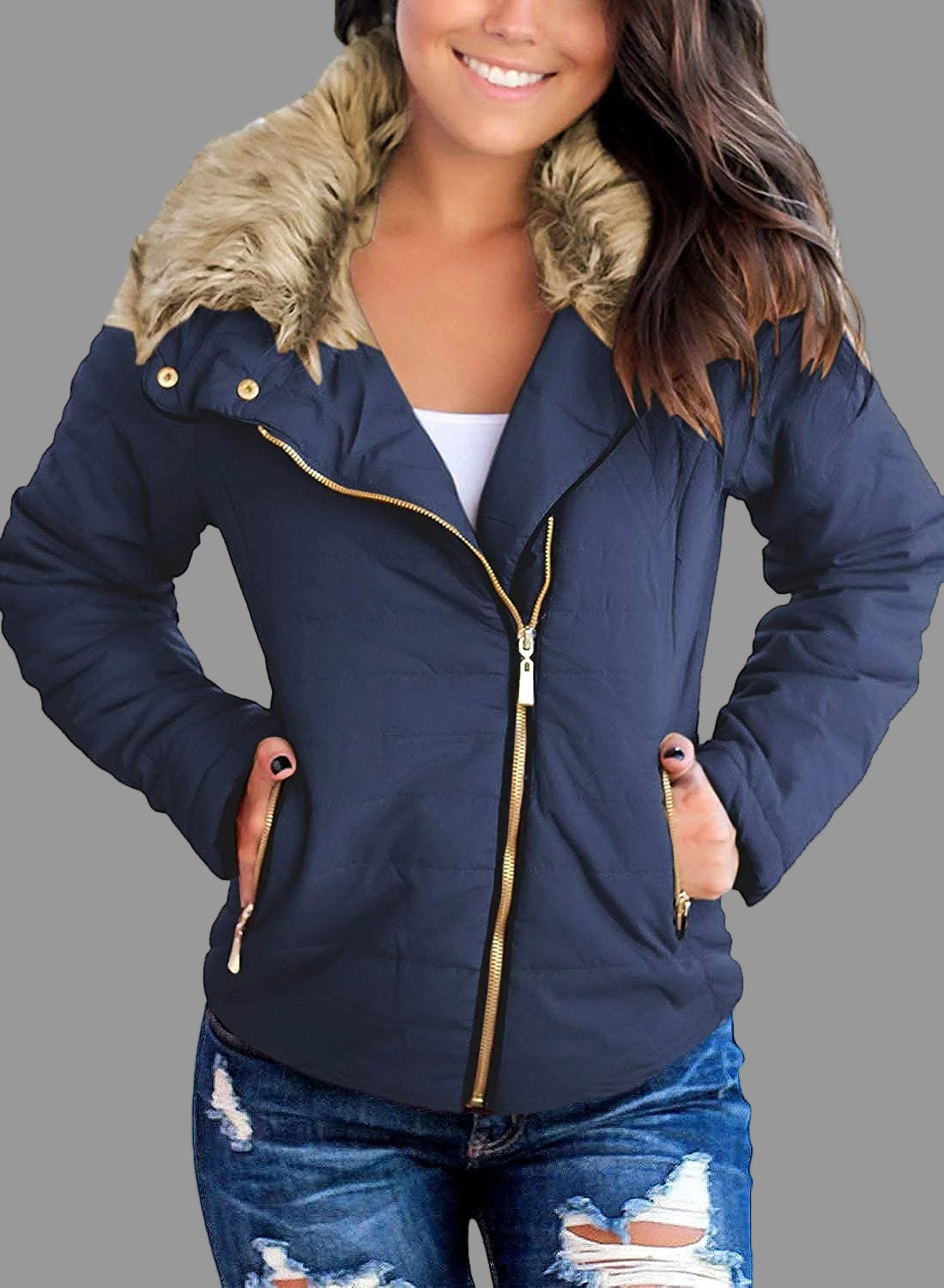 Women Parka Coat Pockets Quilted Puffer Jacket with Faux Fur Lapel, Size S-2XL