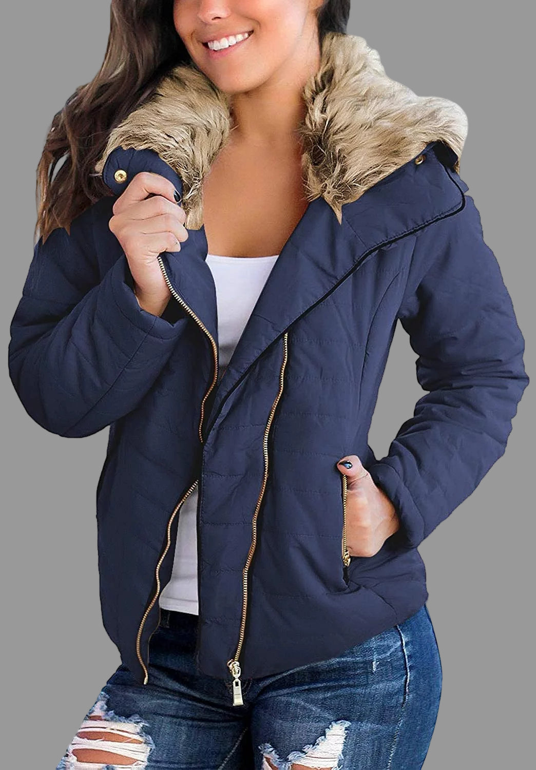 Women Parka Coat Pockets Quilted Puffer Jacket with Faux Fur Lapel, Size S-2XL