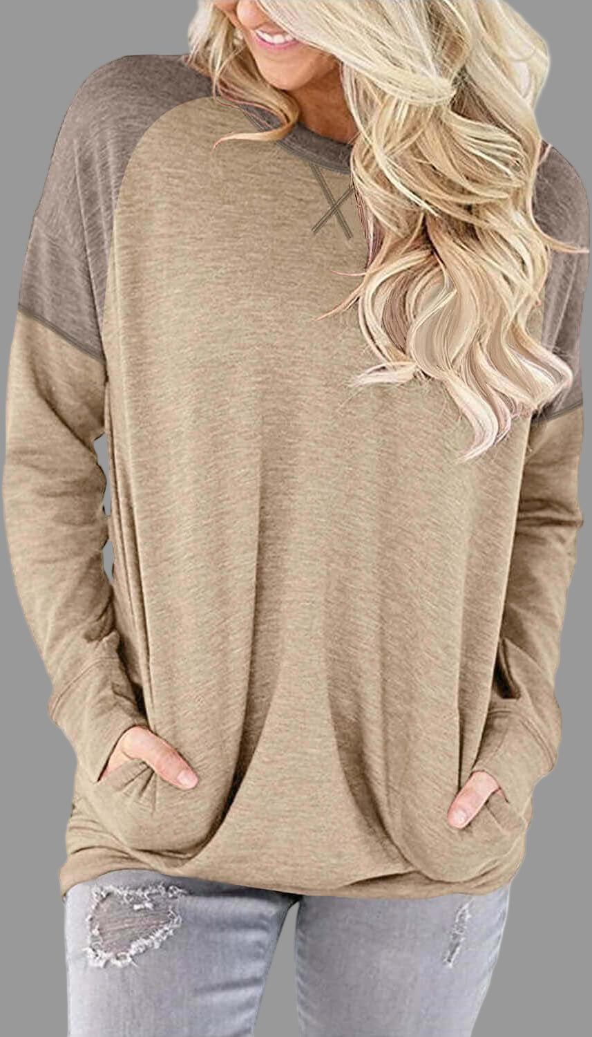 Funny Cute Crewneck Shirt for Women Long Sleeve Pullover Sweatshirt with Pocket Beigebrown-M